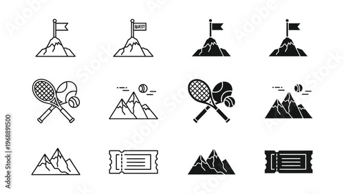 Iconic symbols combining mountaineering and tennis with ticket representations