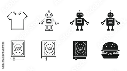 Whimsical icons of robots, clothing, books, and a burger in a minimalist style