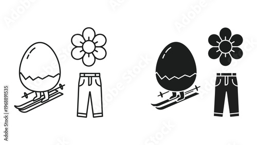 Illustrations of eggs hatching and blooming flowers on skis with pants