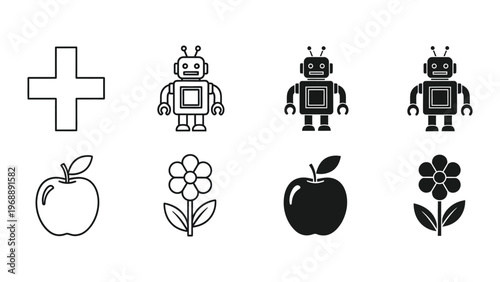 Contrast of simple icons showing variations in style and color