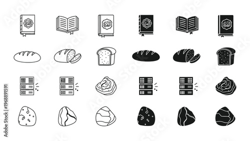 Monochrome icon set depicting books, baked goods, servers, and gemstones.
