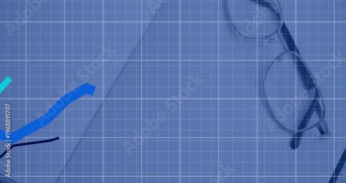 Blueprint grid starting 3 color lines rising and falling with eyeglasses still showing data trends