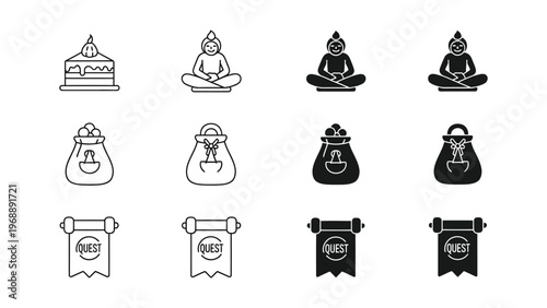 Whimsical icons representing celebrations, meditation, and quests in a minimalist style