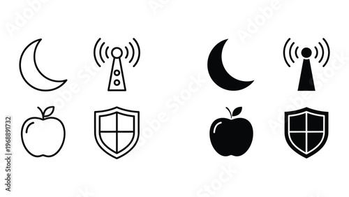 Contrast of apple branding icons with moon and network symbols