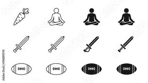 Evolution of icons depicting a carrot, meditating figure, sword, and rugby ball through four stages