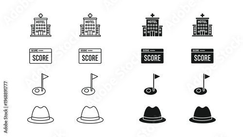 Classic golf and travel icons featuring hotels, scoreboards, flags, and hats