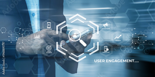 Quadro em tela A businessman in a suit uses a smartphone with digital interface icons represent