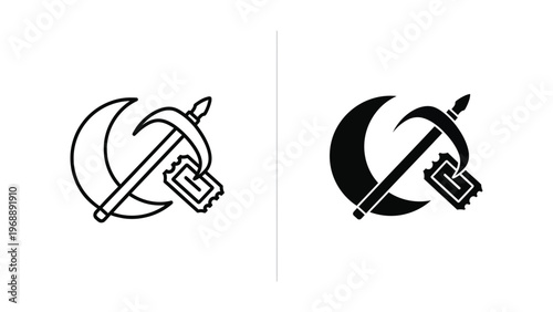 Contrasting graphic designs of a hammer and sickle with a key and crescent moon elements