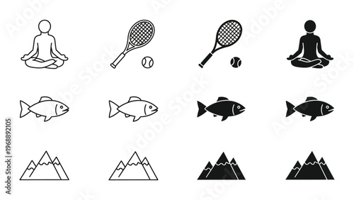 Contrast of meditation, sports, aquatic life, and nature through simple icons
