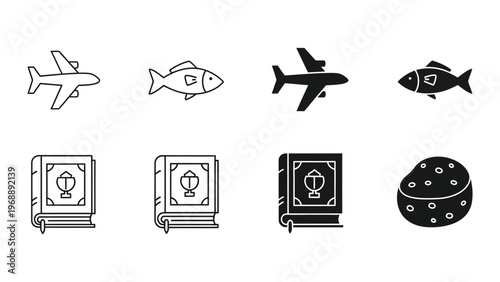 Collection of icons featuring airplanes, fish, books, and a doughnut with holes