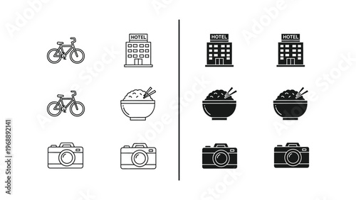 Contrasting icons of travel essentials and accommodations in black and white styles