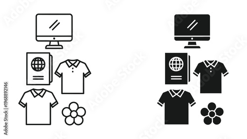 Comparison of monochrome and colored school uniform icons with technology elements