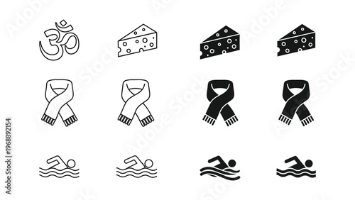 Collection of symbolic icons featuring spiritual, food, fashion, and sports elements