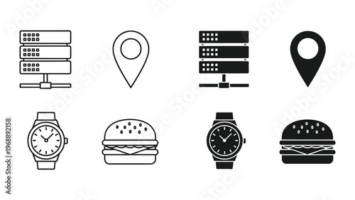 Contrast of modern icons depicting technology, location, time, and food items