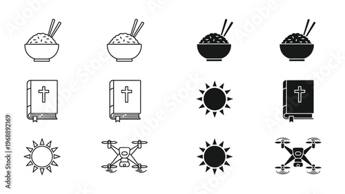 Diverse icons representing food, spirituality, technology, and celestial elements