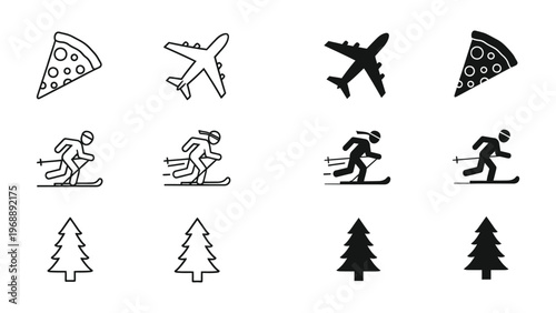 Contrasting icons of food, travel, skiing, and nature in varying styles