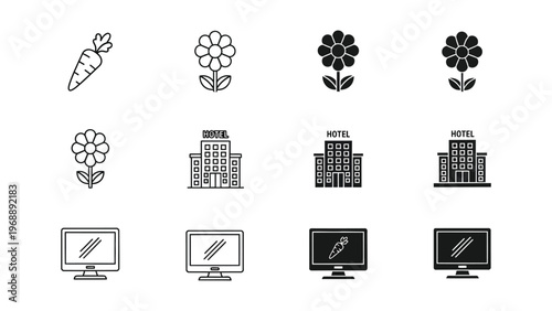 Illustrations of vegetables, hotels, and computer screens with icons