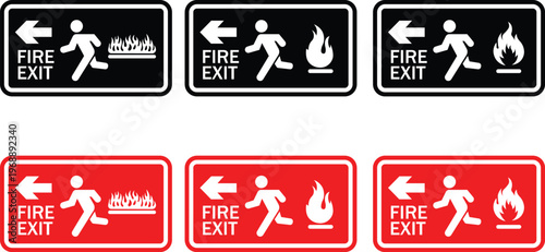 Fire exit emergency sign set with running man and flame icons