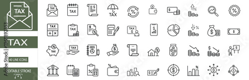 Tax and finance accounting outline icon set featuring business investment money payment and financial report for banking service more vector illustration on editable stroke.