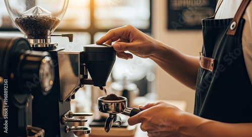 Barista prepares coffee using machine inside coffee shop detail shot