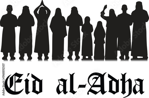 Bild auf Leinwand Eid al-Adha Calligraphy with Muslim People Praying