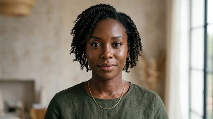 A portrait of a Black woman, confident gaze, elegant natural light, refined composition, rich skin detail, minimal background, photorealistic beauty portrait, ultra-detailed, 8K,no logos