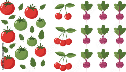 Vegetable and Fruit Collection with Tomatoes, Cherries, and Beets Organic Fresh Produce Vector Set Isolated on White Background