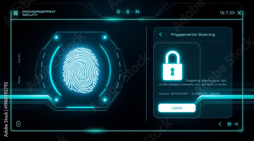 A futuristic fingerprint scanning interface with a glowing blue lock and login button on a dark background