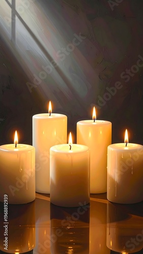 Softly lit scene featuring five creamy white pillar candles of varying heights with gently glowing flames against a dark background