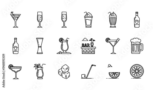 Minimal cocktail and beverage outline icon set with 16 clean drink and bar symbols vector collection