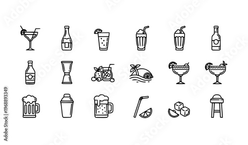 Hand drawn cocktail outline icon collection with sketch style bar and drink elements vector set