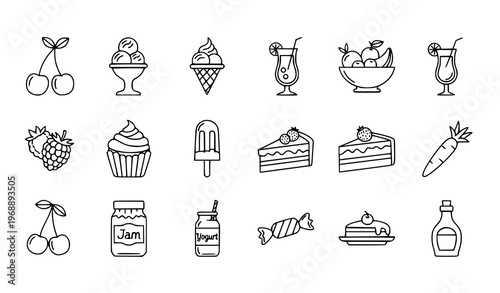 Minimal cherry and dessert outline icon set with 16 clean fruit and sweet food symbols vector collection
