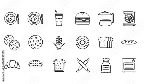Minimal bakery and bread outline icon set with 16 clean breakfast and pastry symbols vector collection