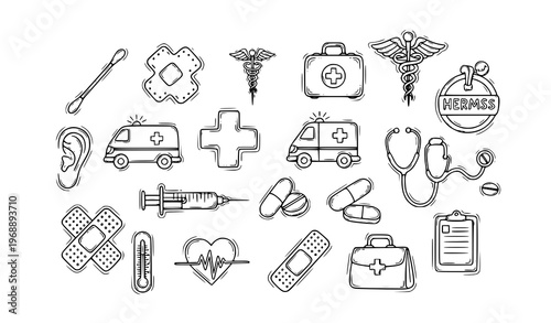 Hand drawn medical aid icon collection with doodle style healthcare and first aid elements vector set