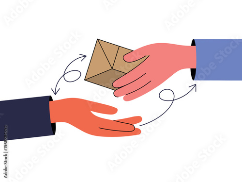 Two hands exchanging a brown paper envelope against a white background