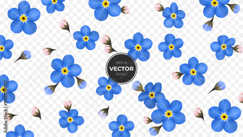 Vibrant blue flowers scattered against a white background, evoking freshness.