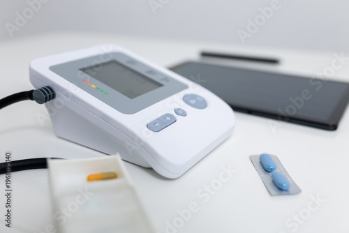 Blood pressure monitor with pills and tablet on white table