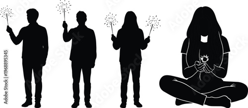 People holding sparklers silhouettes, celebration, festive moment, holiday lights, joy, happiness, evening activity, lifestyle illustration collection