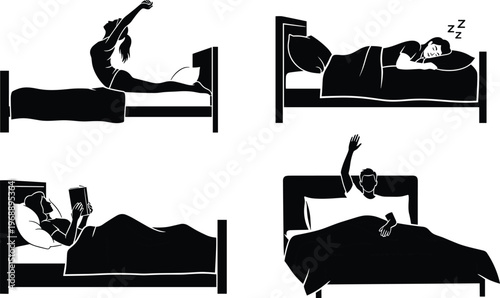 People in bed silhouettes set, sleeping, waking up, reading, morning routine, rest, lifestyle, bedroom activity illustration collection
