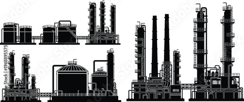Industrial factory refinery silhouettes set, oil and gas plants, chemical industry, manufacturing infrastructure, energy production, engineering illustration collection isolated