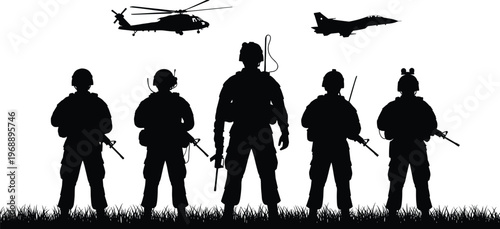 Military soldiers silhouettes with helicopter and jet, armed forces, defense, security, air support, combat readiness, army illustration concept