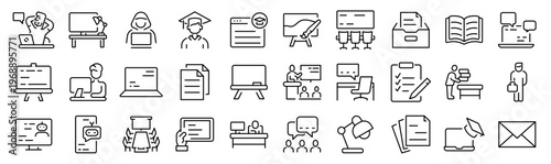 Modern online learning and EdTech icon set including education apps, courses, AI learning, progress tracking and study tools. Clean outline vector icons for apps, UI and digital education platforms.