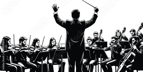Orchestra conductor leading symphony performance, classical musicians playing instruments, concert rehearsal scene, music ensemble collaboration, artistic performance, cultural event illustration