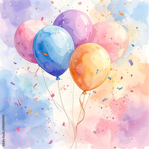 Watercolor illustration showcasing a collection of colorful balloons, with confetti scattered in the background. Soft hues create festive vibe