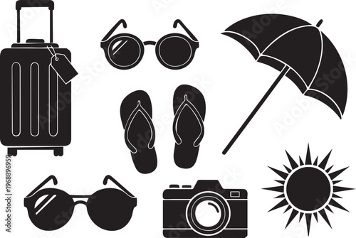 Black silhouettes of travel and summer vacation essentials including