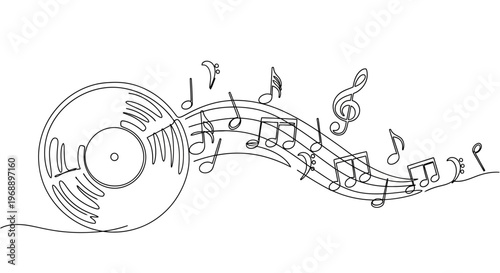 Music Vinyl Record Continuous Line Art with Flowing Notes and Treble Clef Isolated
