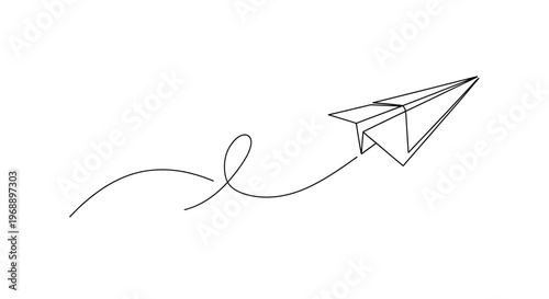 Paper Airplane Flying Continuous Line Art Isolated on White Background