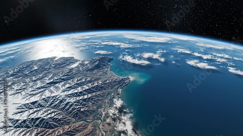 Earth from space with snow mountains, ocean, coastline, and sun