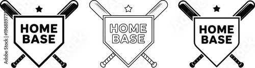 Baseball or Softball Home Plate Logo with Crossed Bats and Stars, Vintage Sports Emblem Design, Athletic Team Badge, Retro Style Vector Illustration for League, Club, Tournament Branding