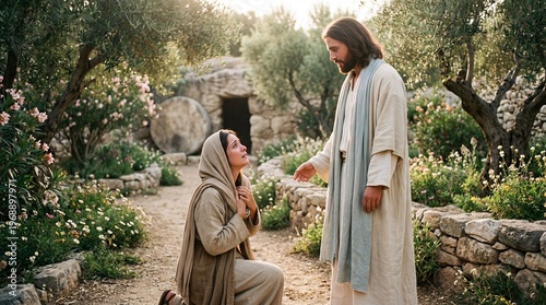 Biblical scene of Jesus Christ appearing to kneeling woman in garden symbolizing faith, hope and spiritual resurrection story